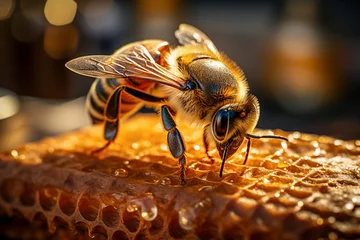 Foto op Plexiglas A queen bee works with wax in the honeycomb making organic honey for cosmetics and medicine. A bee with pollen in the hive cell © Sheila