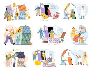 Buying and choosing housing. Vector illustration The house was listed by reputable real estate agency The property market offered various investment opportunities for buyers The mortgage terms