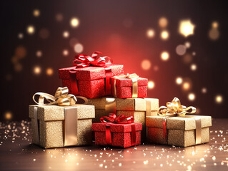 Fototapeta premium Tower of Christmas gifts on a dark background.
