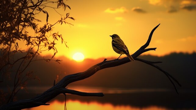 A lone yellow bird perched on a tree branch, silhouetted against the setting sun.