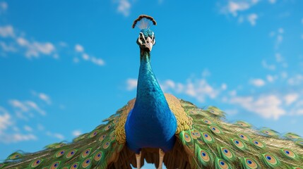 A solitary peacock in a regal pose, with its feathers arranged like a magnificent fan, against a clear blue sky.