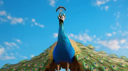 Crédence de cuisine en verre imprimé Toucan A solitary peacock in a regal pose, with its feathers arranged like a magnificent fan, against a clear blue sky.