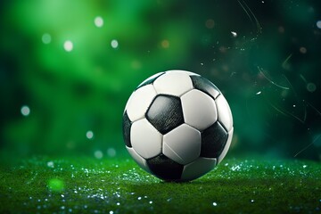 Fototapeta premium A soccer ball successfully nestled into the goal with green background, marking a point or a victorious moment in a game.