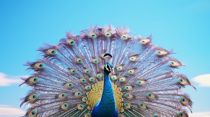 Fototapeta premium A solitary peacock in a regal pose, with its feathers arranged like a magnificent fan, against a clear blue sky.