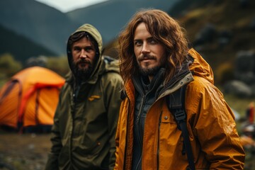 Portrait of happy young men in the mountains against the backdrop of a tent camp. Caucasian guys in outwear are engaged in a mountain hike. Active lifestyle, tourism and vacation concept.