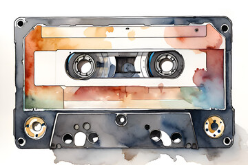 Audio cassette. Watercolor illustration.