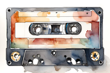Naklejka premium Audio cassette. Watercolor illustration.