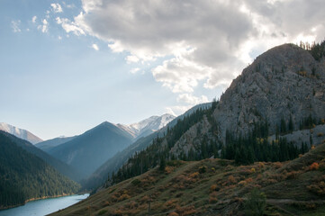 Landscape sunset view of Kolsai or Kolsay lake surrounded by the mountains, Kazakhstan