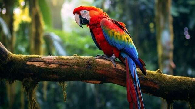 A vibrant, full ultra HD 8K image of a scarlet macaw perched on a tree branch in the rainforest, displaying its colorful plumage.