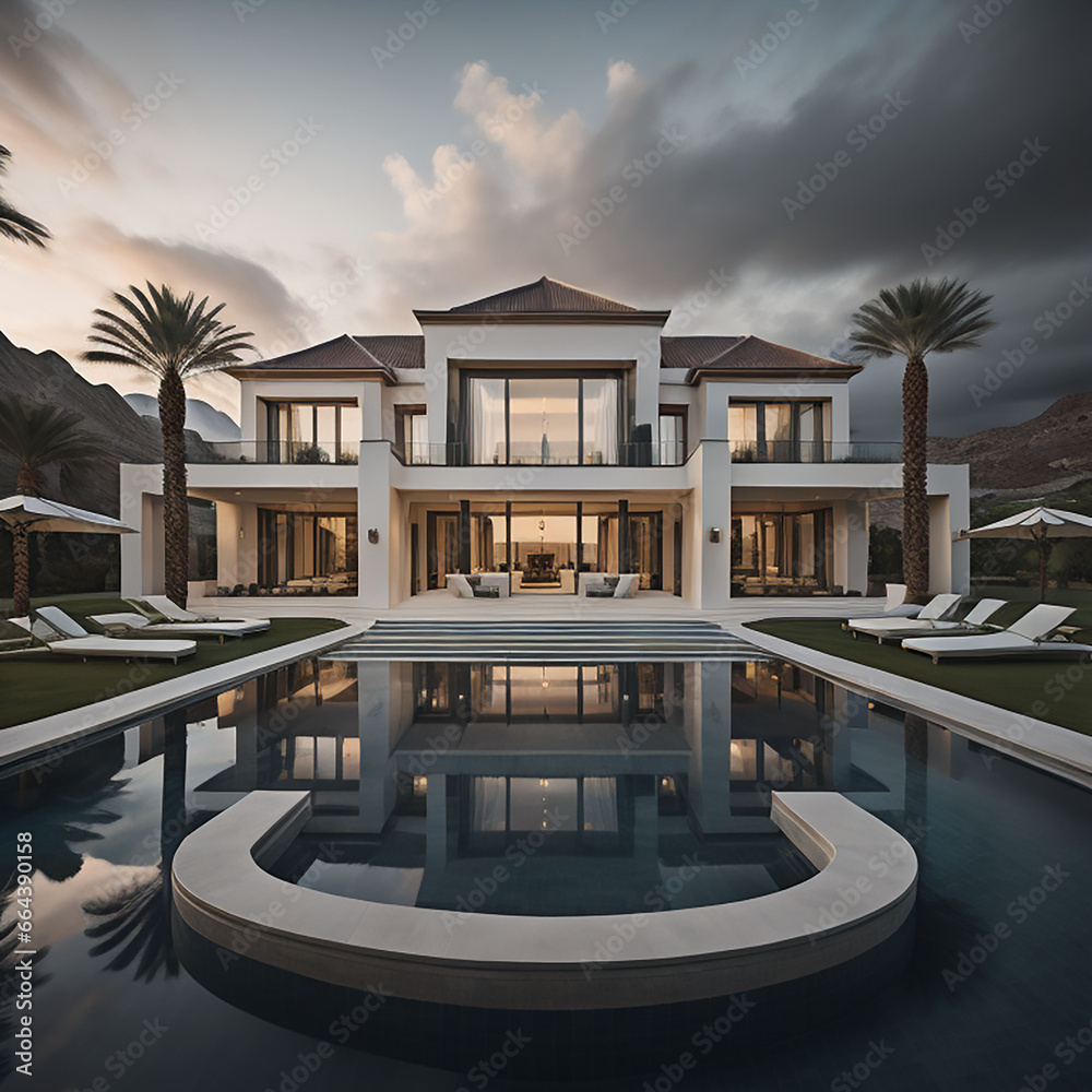 Wall mural luxurious home with stylish swimming pool and garden generated by AI