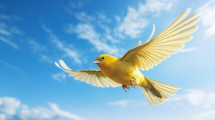 A yellow bird in flight, its wings outstretched, against a clear blue sky.