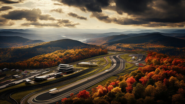 fiktive rennstrecke in den bergen ala n&uuml;rburgring salzburgring  rennstrecke aerial view luftbild bergen nergig versuchsstrecke autobahn fiktkiv generative ki 
