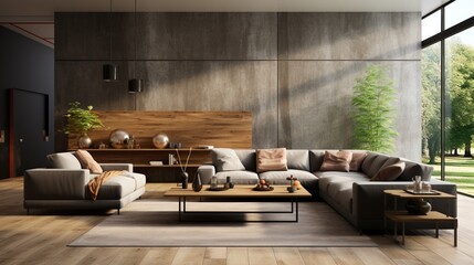 Loft interior design of a modern living room with a gray sofa near a wooden paneling wall and tv unit with a concrete wall