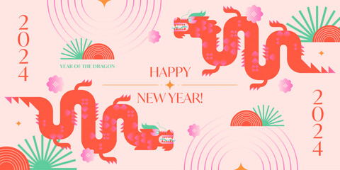 Year of the dragon 2024.Chinese New Year greeting banner template.Festive vector background in flat modern style with geometric symbols.Holidays design for branding,invitations,prints,social media
