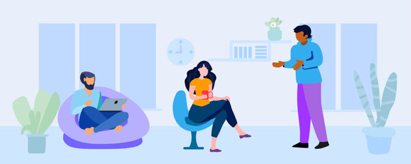 The couple is sitting on the divan with a laptop and tea, сartoon flat vector illustration