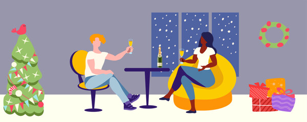 A guy and a girl celebrate Christmas and New Year with champagne next to the Christmas tree, Vector illustration, hand drawn, not AI