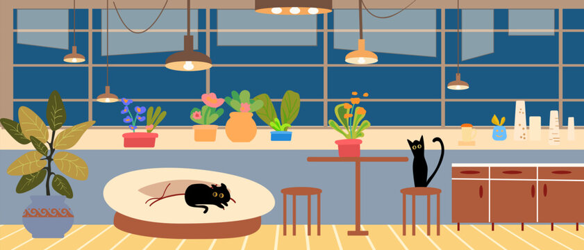 Cute cats play at home, ivector illustration