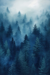 Misty morning in a tranquil blue forest