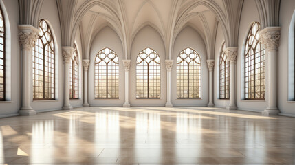 Fototapeta na wymiar Large bright hall in gothic style. Luxury empty interior