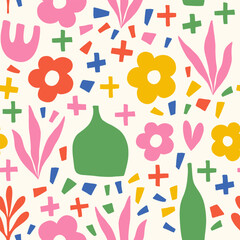 Cute cozy home pattern with tableware and flowers.