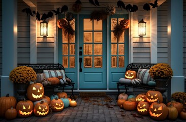 Fototapeta premium Spooky Halloween Doorway: An inviting home entrance transforms with the spooky charm of Halloween, glowing with carved pumpkins and festive decorations, creating a welcoming and eerie atmosphere.