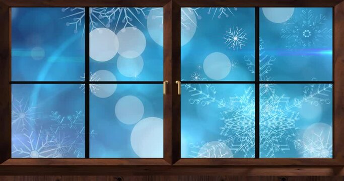 Animation of window over snow and light spots on blue background