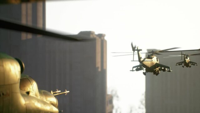 military helicopters fly in the city among skyscrapers. 3d animation