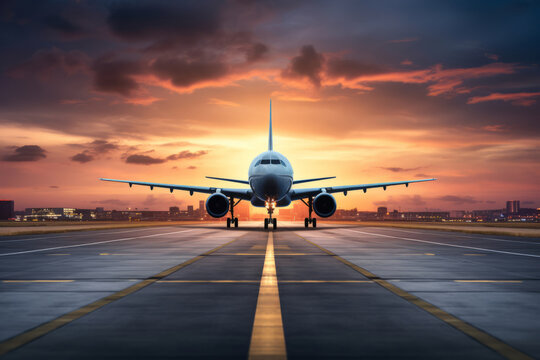 Sunset view of airplane on airport runway. Generative AI