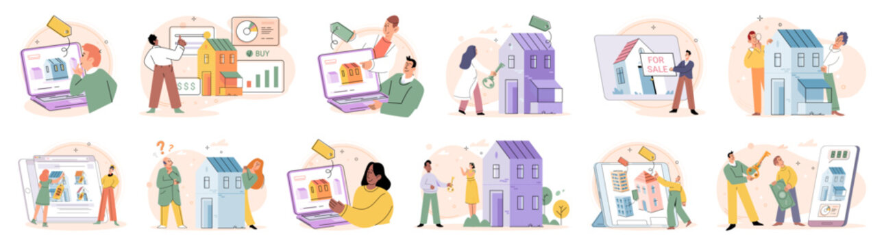 Real estate search. Vector illustration Buyers were excited to buy new home met their criteria Renting and investing in house allowed individuals to diversify their investment portfolio The mortgage