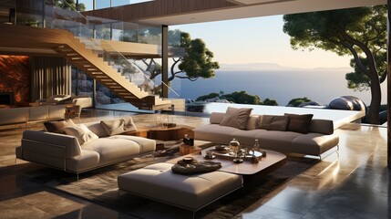 Obraz premium Luxurious villa with a terrace and a floor-to-ceiling panoramic window offering an amazing sea view Interior design for a modern living room