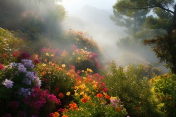 A heavenly scene with colorful flowers and greenery. Generative AI