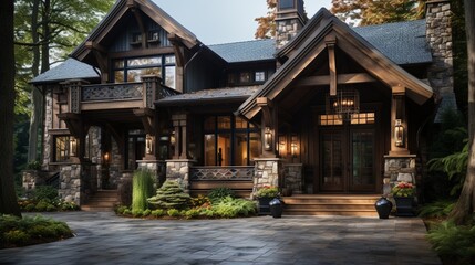 Main entrance door and garage in a house Wooden front door with a gabled porch and landing Exterior of a craftsman-style home cottage with columns and stone cladding