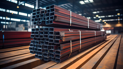 Steel in industrial warehouse, beam, pipe, steel plate