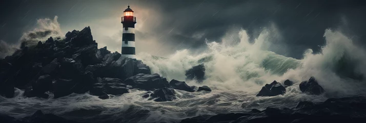 Fototapeten Lighthouse during a storm, waves crashing against rocks, lightning in the background, heavy rain, dramatic and perilous © Marco Attano