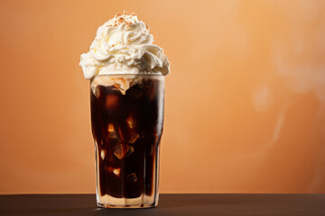 Cold root beer float with vanilla ice cream on an orange background. Generative AI - obrazy, fototapety, plakaty
