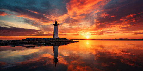 Modern lighthouse silhouette during a fiery sunset, minimalistic design, dramatic clouds, reflection in tranquil water © Marco Attano