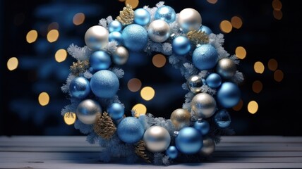 Obraz na płótnie Canvas Blue Christmas Wreath with Frosty Accents: Festive Decor for the Holiday Season.
