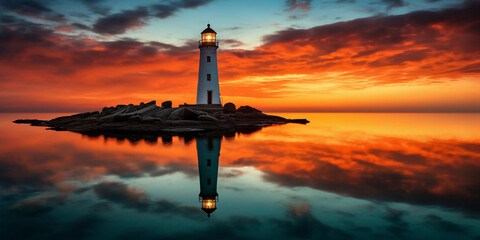 Modern lighthouse silhouette during a fiery sunset, minimalistic design, dramatic clouds, reflection in tranquil water - Powered by Adobe