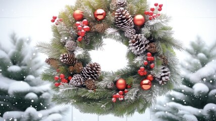 Close-up of Fresh Green Christmas Wreath with Spruce and Pine Trees, Decorations, and Cones Isolated on White Background