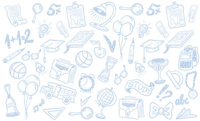 Studying at school sketch doodle. Light yearbook background. Vector hand drawn.