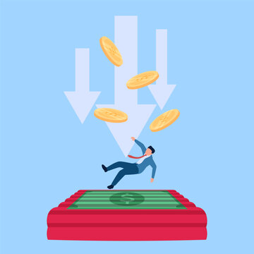person falls onto a mattress with money on it, a metaphor for financial aid. Simple flat conceptual illustration.