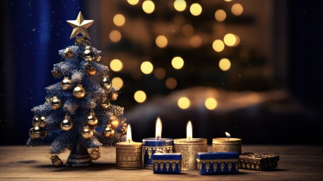 Chrismukkah Celebration: Happy Hanukkah and Merry Christmas with Menorah, Tree, Presents, Dreidel and Chocolate Gold Coins