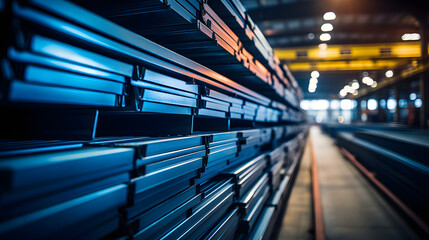 Steel in industrial warehouse, beam, pipe, steel plate