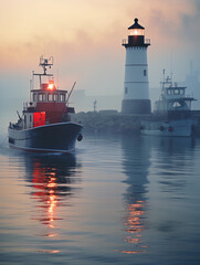 Pair of lighthouses at a busy harbor entrance, ships and boats passing by, city skyline in the background, early morning mist