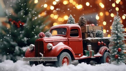 Festive Vintage Chevrolet Truck Illuminated by Christmas Lights in the Country Night - obrazy, fototapety, plakaty