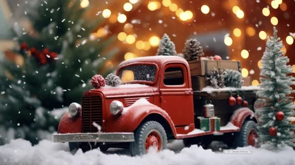 Foto op Canvas Festive Vintage Chevrolet Truck Illuminated by Christmas Lights in the Country Night © Generative Professor