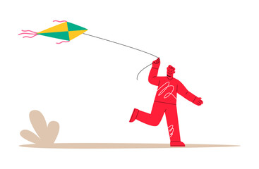 Happy man flying a kite. Holiday Relax. Outdoor activity. Colorful vector illustration