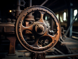 Obraz premium Steam engine driving wheel, rusty, textured, shot in HDR, historic train yard