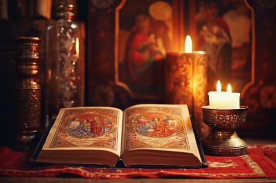 Orthodox liturgy. Bible, candles and icons in the temple