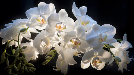 white orchids blooming, dark to dawn lighting, ethereal atmosphere